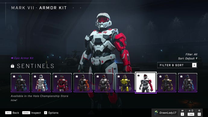 Halo Infinite's Mark VII Armor Core, sporting the Sentinels Armor Kit customisation.