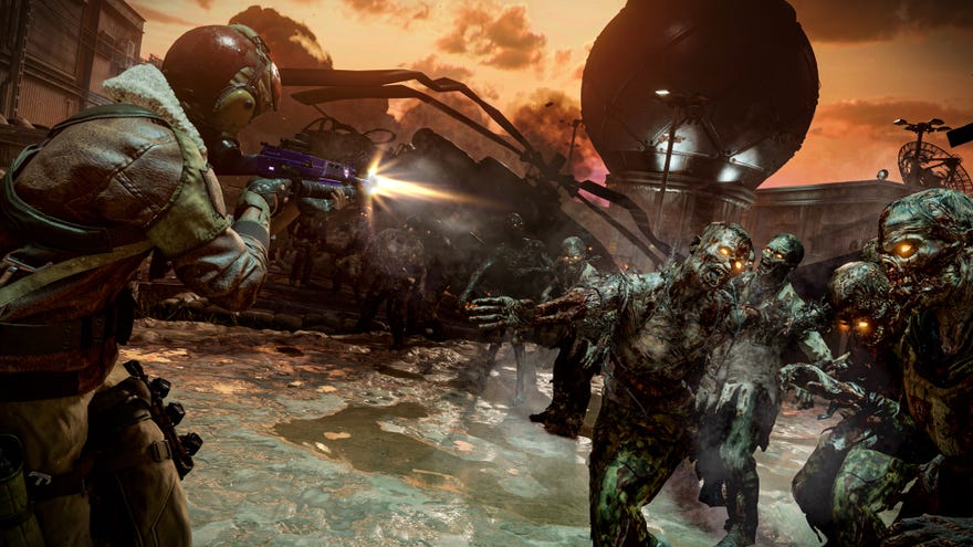 A horde of zombies attack the player in the helipad area of Firebase Z.