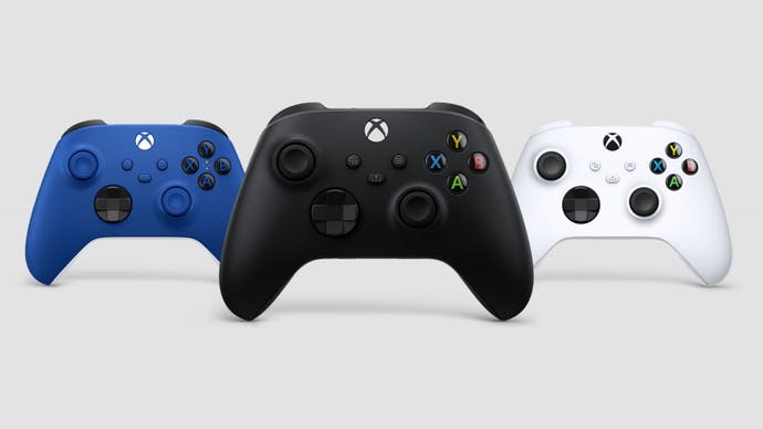 microsoft official xbox series x controllers shown in black, white and blue