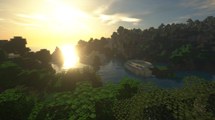 A Minecraft forest landscape with the sun lighting up the sky in the background.