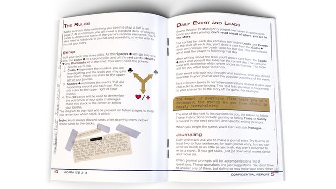 The open pages of Seven Murders til Midnight RPG book.