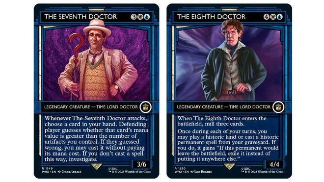 Seventh and Eighth Doctor cards from the Magic: The Gathering x Doctor Who set.