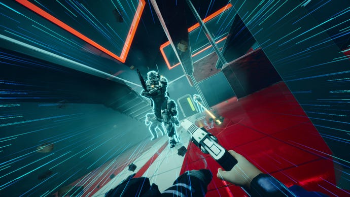 The player slides at soldiers in a neon-future in Severed Steel.