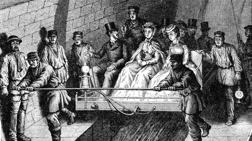Posh people being carried on a sled through a tour of the sewers in an illustration from 'French Pictures drawn with pen and pencil'.