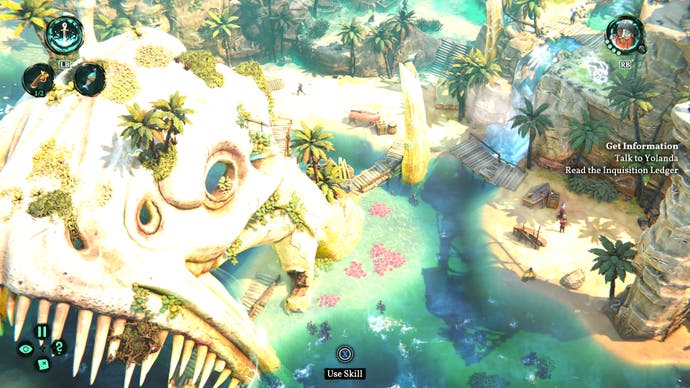 A screenshot showing a particularly beautiful island beach. A waterfall cascades down into bright blue pools that weave between coral-scattered sands. The unexpectedly vast skeleton of a long-dead anglerfish lies in the foreground.