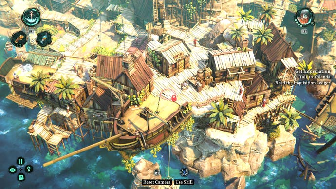 A screenshot of a beautiful island coast in the blazing tropical sun. Wooden ships, walkways, and ladders created a complex tangle of potential paths, while huge, broken shipwrecks, both in the water and atop the cliffside, add to the pirate ambience.