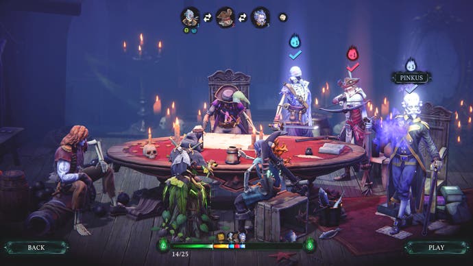 A screenshot of the pre-mission character selection screen, showing six available crew mates seated around a table in a dimly lit cabin. Three characters - a skeletal samurai, spectral duke, and blindfolded pirate - are selected and ready to go.