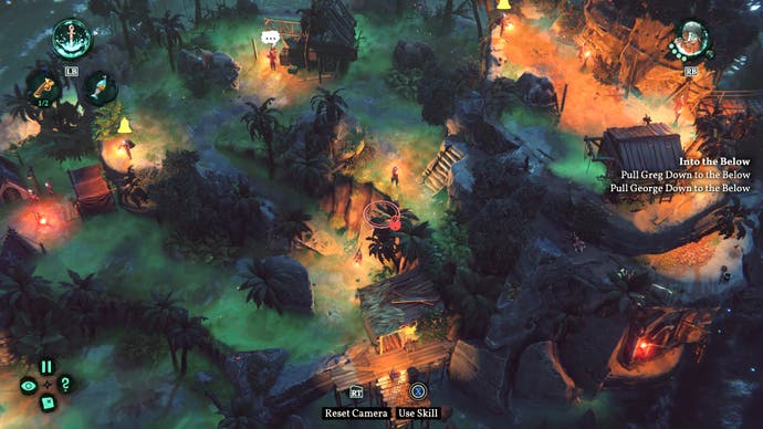 A screenshot showing rocky, tightly clustered plateaus, dotted with enemy soldiers, at night. The darkness is heavy but orange lanterns and burning fires create pockets of light amid the murky greenery.
