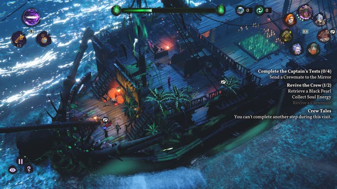 A screenshot of the ramshackle pirate galleon, The Red Marley, viewed from above. Moonlight bounces off the waves either side of its hull and ghostly energy swirls across its tattered masts and deck.