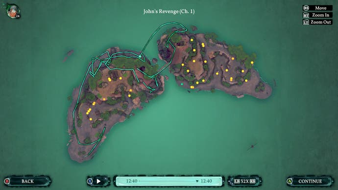 A screenshot of Shadow Gambit’s post-mission tracking tool, showing an overhead map of the most recent quest’s island. An unbroken green line weaves back and forth, indicating the route taken by the playing.