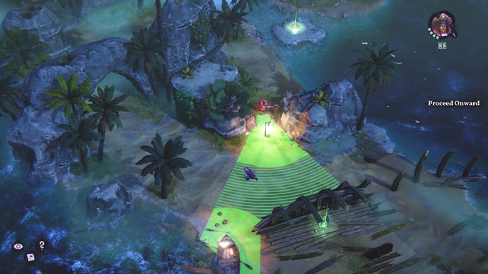 A screenshot showing Afia sneaking along a beautiful tropical beach at night, safely weaving her way through a green enemy side cone illuminated by torches at each end.
