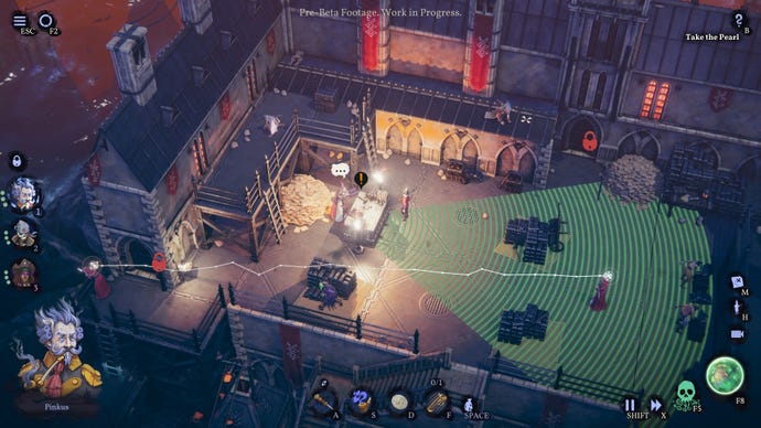 Pirates move into position around a carefully guarded prison scene in Shadow Gambit: The Cursed Crew