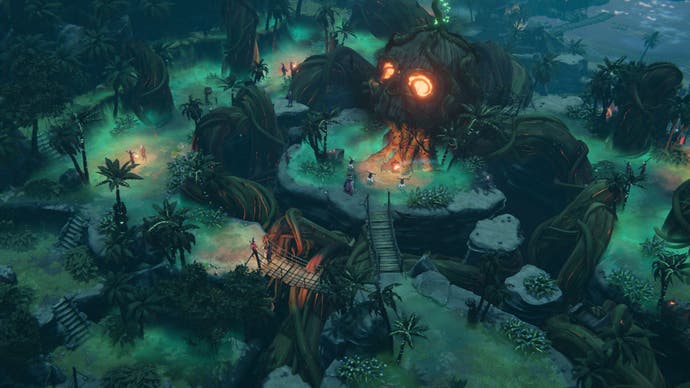 A screenshot from Shadow Gambit: The Cursed Crew showing a series of interlinking islands at night, a prominent skull-shaped formation illuminated near its centre.