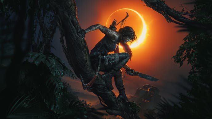 Shadow of the Tomb Raider - Lara silhouetted by an eclipse