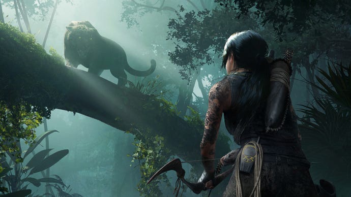 Lara Croft prepares to arrow a big cat in a Shadow of the Tomb Raider screenshot.