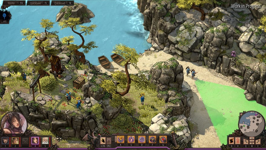 Sneaking round a beach in an illustration from Shadow Tactics: Blades of the Shogun - Aiko's Choice.