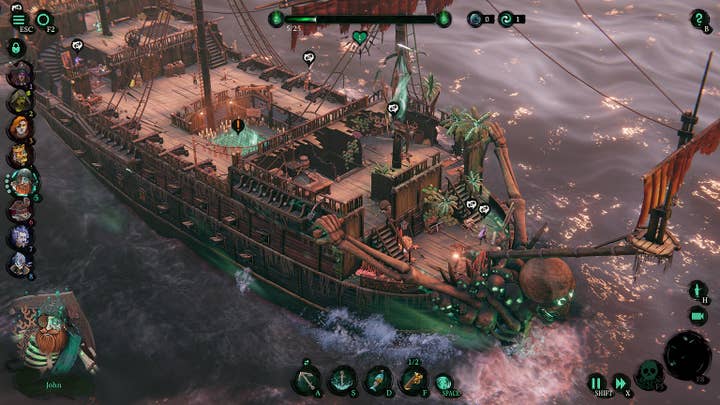 Screenshot of Mimimi Games' Shadow Gambit: The Cursed Crew showing the deck of a ship and a stealth strategy interface on the borders.
