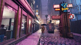 An NPC holds his umbrella in the rain in open world city mystery Shadows Of Doubt.