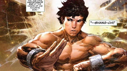 Cropped Shang-Chi panel featuring two caption boxes introducing the character