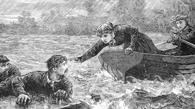 An image of artwork from Shanty Hunters depicting the rescue of people lost at sea.