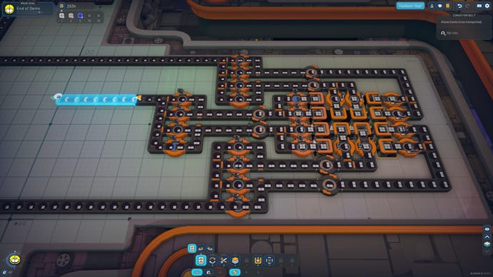 An extraction patch in Shapez 2, where rectangles are mined and transported out using belts.