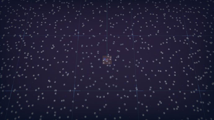 The furthest zoom level in a Shapez 2 map, showing hundreds of shape patches around the player's base.