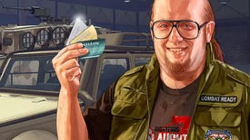 A character from Grand Theft Auto 5 brandishing a handful of GTA Online Shark Cash Cards