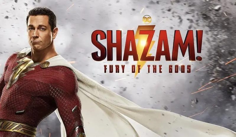 Cropped Shazam Fury of the Gods poster featuring Zachary Levi as Shazam
