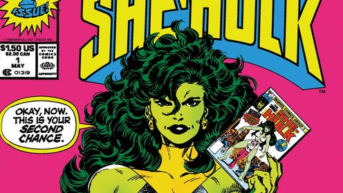 Cropped cover of the first issue of Sensational She-Hulk, as She-Hulk speaks to the reader, holding up her comic