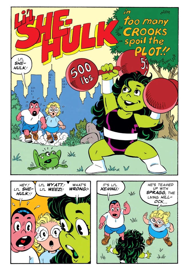 A three panel page of Lil She-Hulk