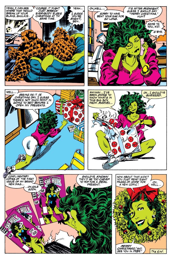 Page featuring She-Hulk opening her Christmas present to show her comics