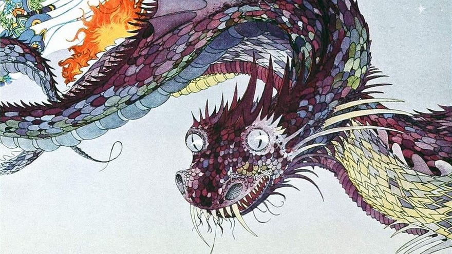A section of the colour illustration She Whipped Up The Snakes, by Virginia Sterrett Frances, for the book Tanglewood Tales. It shows a dragon-creature with long fangs and purple scales, but no arms, flying in a blue sky