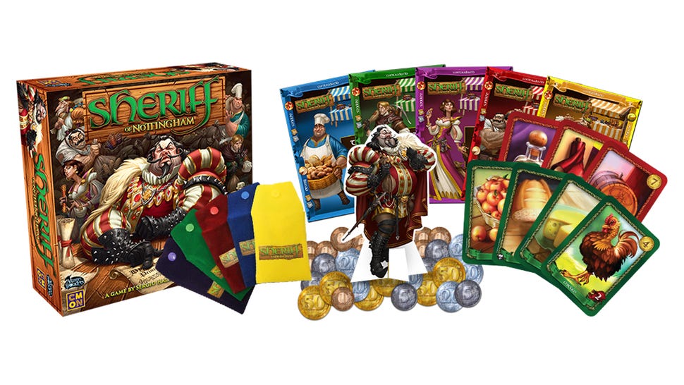 Sheriff of Nottingham beginner board game box and components