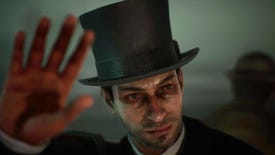 Sherlock Holmes, looking haggard and rained-upon, in a top hat, raising one hand as if to shield his face, in a cutscene from Sherlock Holmes The Awakened