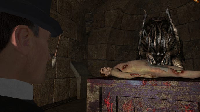 Sherlock Holmes looks at a mutilated corpse on a slab before a statue of Cthulhu in a Sherlock Holmes: The Awakened - Remastered Edition screenshot.
