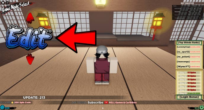 The edit screen in Shinobi Life 2, with a red arrow pointing to where you can enter codes.