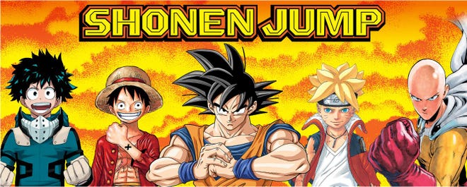 Promotional image featuring manga characters for Shonen Jump