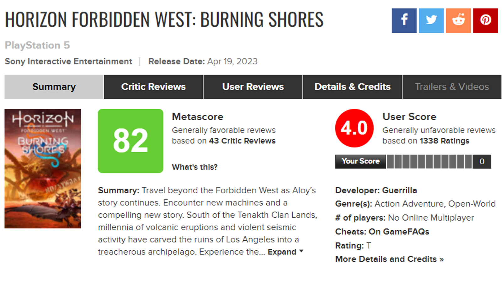 DLC de Horizon Forbidden West é bombardeado no Metacritic