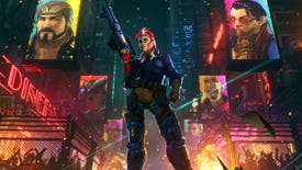 An armed woman in leather armour stands in a dystopian cityscape in the Showgunners key art.