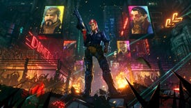 A woman stands on a pile of broken TVs with a gun in her hand in front of a riotous crowd in key art for Showgunners