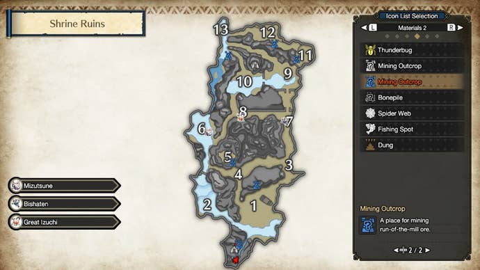 Mining outcrops in Monster Hunter Rise's shrine ruins map