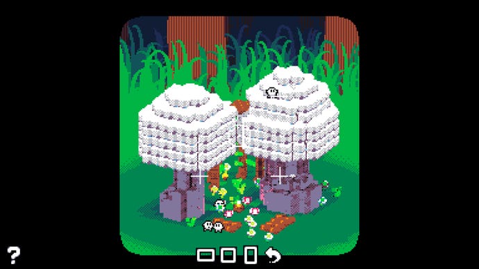 Der Spieler stellt im Fotomodus des Chill-Sim-Spiels Shroomchitect eine Aufnahme von zwei weißen Pilzen aus Voxeln in eine Reihe