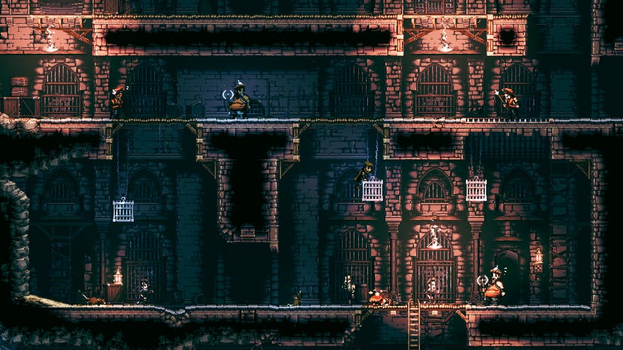 A prison dungeon with guards and prisons in this 2D stealth Metroidvania The Siege And The Sandfox.