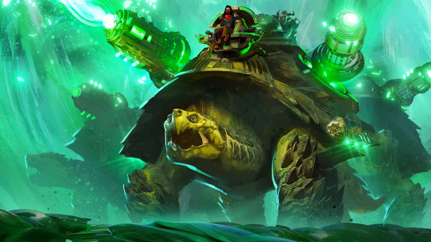 A giant turtle with guns on its shell roars in Guild Wars 2
