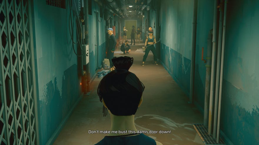 The protagonist of Sifu looks down a long hallway, which has several bad guys standing around as if waiting for a fight in a kung fu movie