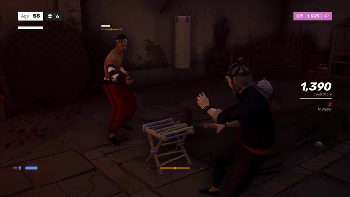 A screenshot from Sifu, which shows two kung-fu kings posture at each other, with a single stool dividing them.