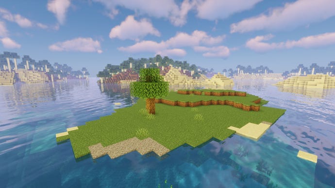 A bare island in Minecraft, with a single tree in the centre.