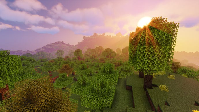 Слънцето изгрява над гора на Minecraft