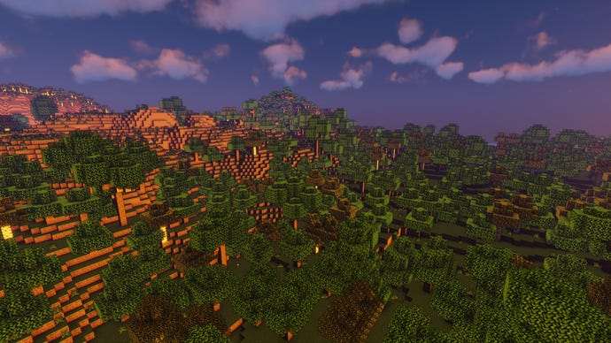 A bird's eye view of a Minecraft forest.