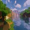 A screenshot of a river in Minecraft, with some trees on either side of the bank and a hill in the distance, taken using Sildur's shaders.